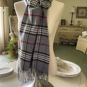 Black, gray, white & burgundy plaid scarf.